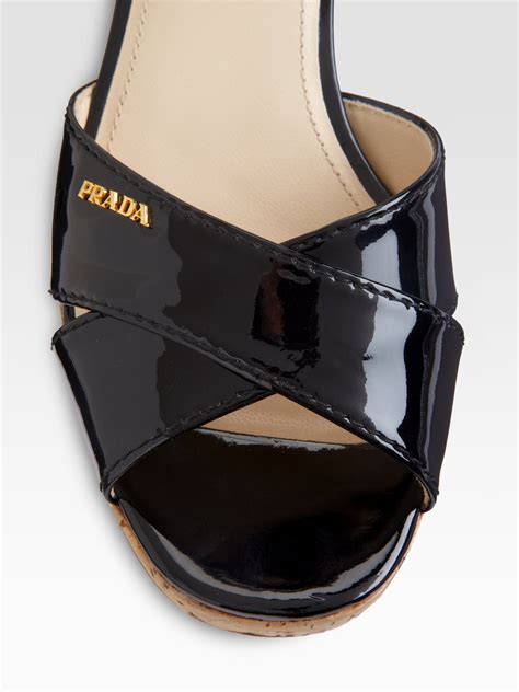 prada patent leather chunky heel criss cross sandal|prada shoes for women.